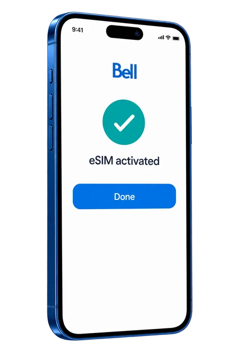 Illustration of eSIM activation on a modern phone with Dynamic Island.